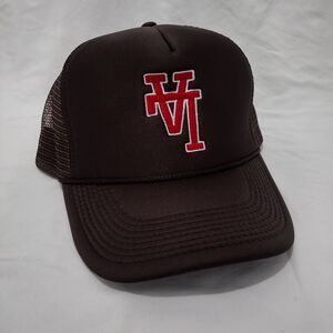 Brown Trucker Hat with Red Logo